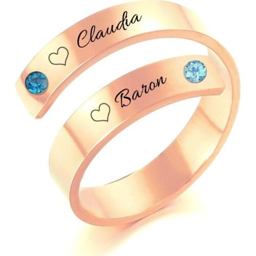 Personalized Customized Engraved 2 Name Birthstone Rings Stainless Steel Adjustable Couples Rings Anniversary/Wedding Jewelry