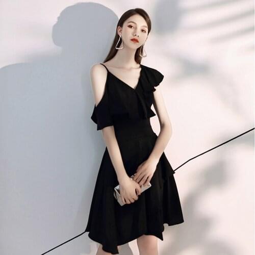 Special Occasion Dresses Vintage V-Neck Short Luxury Black Knee-Length A-Line Satin Zipper Elegant Fashion Women Prom Gown E1006