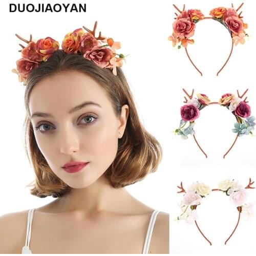 DUOJIAOYANEuropean and American fashion headdress Christmas antler headband artificial flower plastic headband holiday headdress