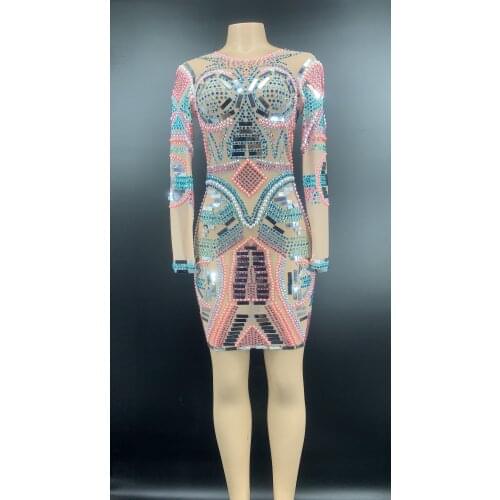 Multi-color Rhinestones Pearl Sequin Transparent Dress Long Sleeves Birthday Celebrate Outfit Women Dance Dress