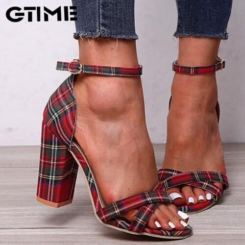 Fashion Women Sandals Ankle Buckle Strap Summer Pumps Woman Gingham Open Toe Shoes Plus Size 43 Ladies High Square Heel Female
