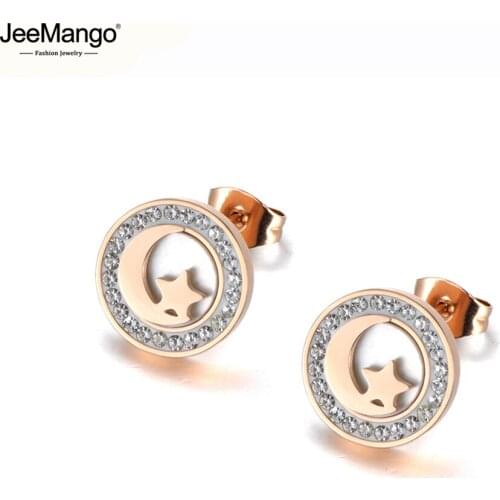 JeeMango Trendy Titanium Stainless Steel Moon Star Earrings For Women Girls White Shell Rhinestone Stud Earrings Jewelry JE19198