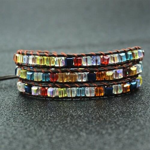 Mixed Crystal Beaded Wrap Bracelets for Women 3Layer Geometric Multicolors Natural Crystal Wrap Leather Bracelet Fashion Jewelry