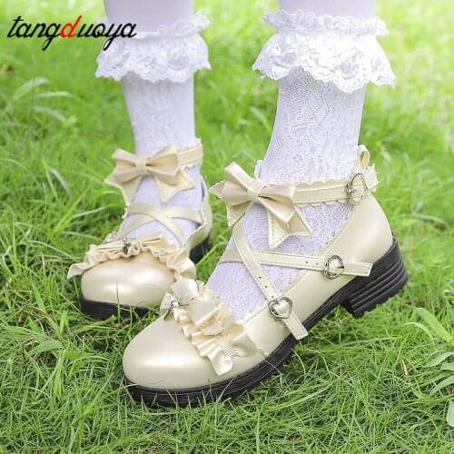 Lolita shoes harajuku shoes kawaii heels fashion personality sweet bow tie cosplay low heel women shoes high heels black white