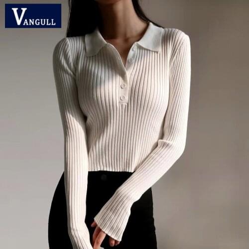 Vangull Solid Knitted Pullovers Women Spring Autumn Vintage Lapel Single-breasted Short Slim Sweater Tops Female Basic Knitwear