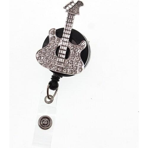 10pcs/lot Free Shipping Zinc Alloy Crystal Rhinestone Guitar Musical Instruments Retractable ID Badge Reel