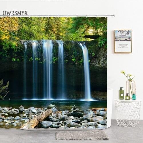 Green Forest Flowing Water Waterfall Scenery Shower Curtain Natural Landscape Bathroom Decor Curtain Bathroom Bathroom Products