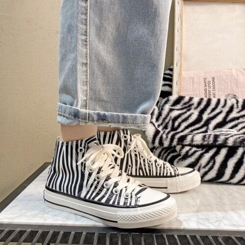 Llogai Spring Canvas Shoes Women 2021 High Top Casual Platform Sneakers Fashion Zebra Pattern Anti-slip Vulcanized Shoes Flats