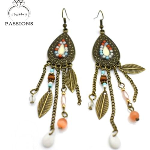PASSIONS Bohemian Ethnic Laser Retro Antique Brass Bead Tassel Earings Africa Maxi Brincos Colorful Long Drop Earrings For Women