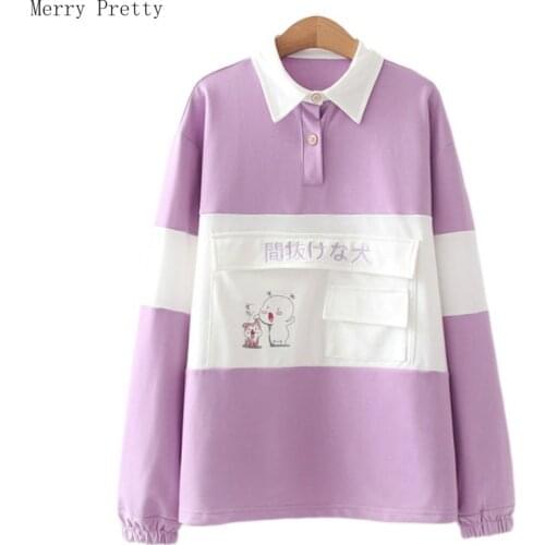 Women Hoodies And Sweatshirts Turndown Collar Long Sleeve Cotton Pullover 2021 Summer New Harajuku Cartoon Print Casual Top