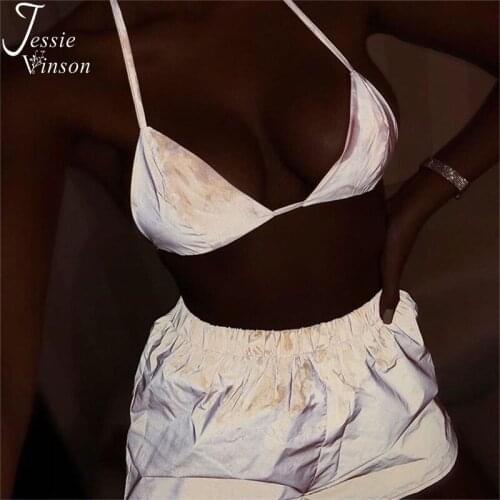 Jessie Vinson Sexy Reflective Bralette Top and Reflective Shorts Two Piece Set Women Night Illuminated Crop Top and Short Sets