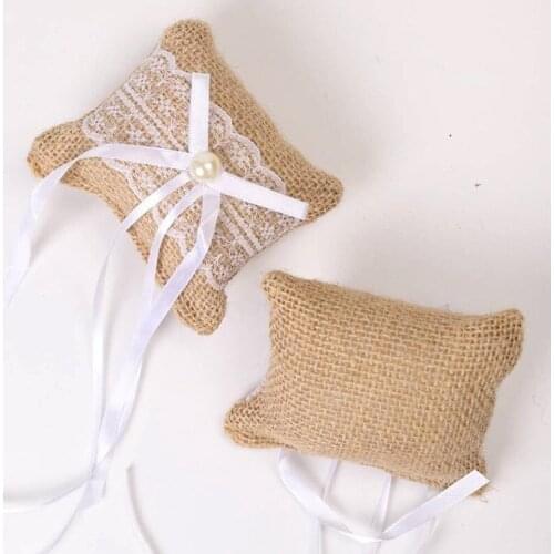 1pc 10x8cm Burlap Ring Bearer Pillow Lace Bow Flower Bridal Embroided Wedding Accessory Vintage Rustic Country Ceremony Cushion
