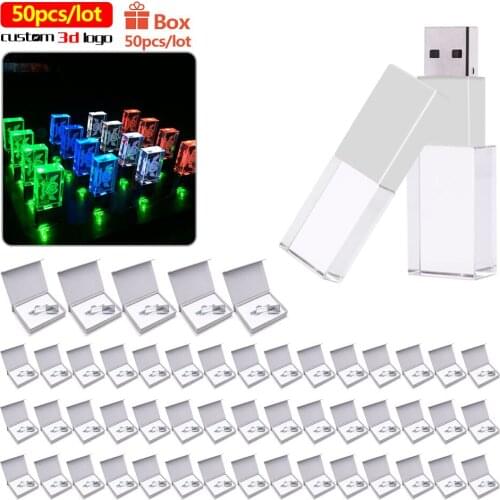 50pcs/lot Personalize 3d logo Crystal LED light USB Flash Pen Drive 4GB 8GB 128GB 64GB 32GB 16GB USB Stick 2.0 Pendrive For gift