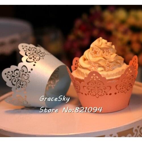 50pcs pink blue Laser Cut Lace design European wedding Cupcake Wrappers Baking Cake holders Party Cupcake accessory.24colors