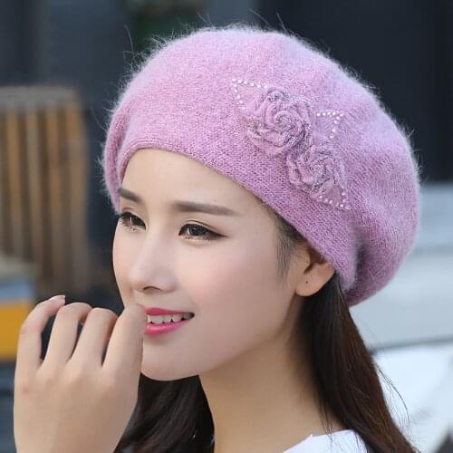 Angora Beret Women Hat Winter Warm Flower Soft Double Layers Snow Outdoor Accessory Female