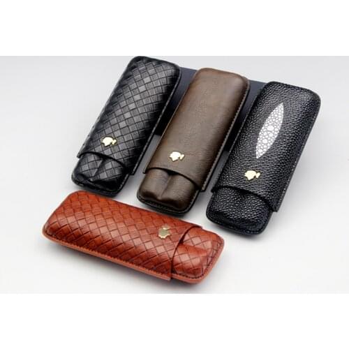 COHIBA Gadgets Genuine Leather Portable 2 Tube Cigars Holder Leather Cigar Case Travel Humidor Cigar Smoking Tool Gift Box