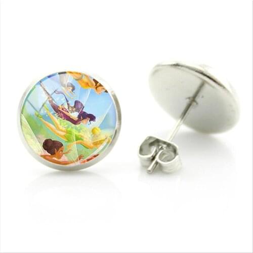 Disney Wonderful Fairy Tinkerbell Painting Earrings New Animation Hook Earrings Handmade Round Glass Dome Jewelry