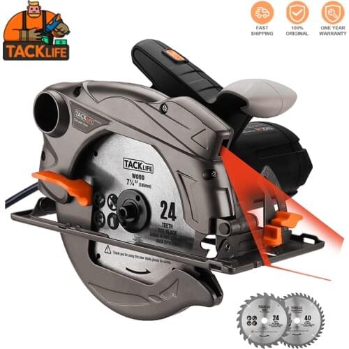 TACKLIFE Electric Circular Saw,12.5A, 5000 RPM With Bevel Cuts 2-3/5'' (0°), 1-7/10'' (45°), 2 Blades(7-1/4" &1/2"), Laser Guide