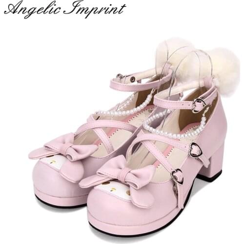 Girls Cute Rabbit Cross Strap Shoes Pink Chunky Heels Sweet Lolita Cosplay Shoes