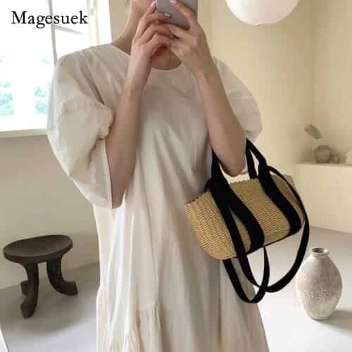 Short Sleeve Summer Dress Korea Style Women Dress Cotton Bubble Sleeve Dress Casual Office Lady Loose Waist Dress Vestidos 13849