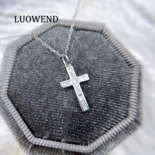 LUOWEND 100% 18K White Gold Pendant Necklace Real Natural Diamond Jewelry Women Engagement Necklace Birthday Gift Cross Pendant