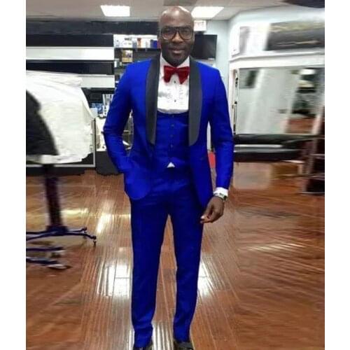 Men Suits Royal Blue and Black Groom Tuxedos Shawl Satin Lapel Groomsmen Wedding Best Man ( Jacket+Pants+Bow Tie+Vest ) C685