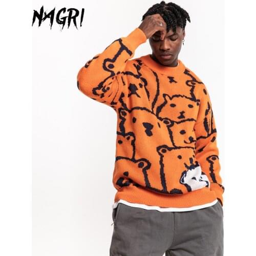 NAGRI Men Hip Hop Sweater Cartoon Bear Casual Loose Knitted Pullover Autumn Winter Knitted Mens Sweaters Couple Unisex Design