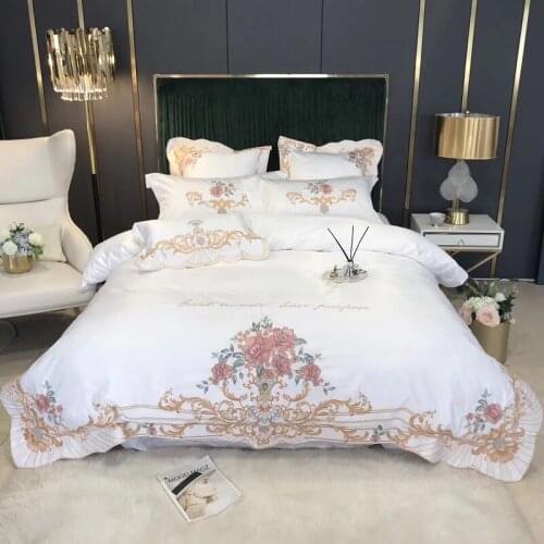 New Luxury European Palace Bedding Set Satin Silk Cotton Floral Embroidery Double Duvet Cover Bed Linen Pillowcases Home Textile