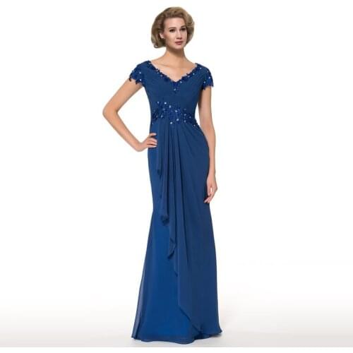 Mother of The Bride Dress V-neck Short Sleeve Sheath Wedding Party Gowns Appliques Chiffon Beading Mother Dresses for Wedding
