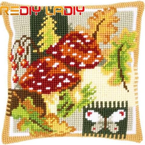 DIY Cross Stitch Cushion Mushrooms Chunky Yarn Cross-Stitch Kits Needlework Pre-Printed Canvas Pillow Home Decor Arts & Crafts