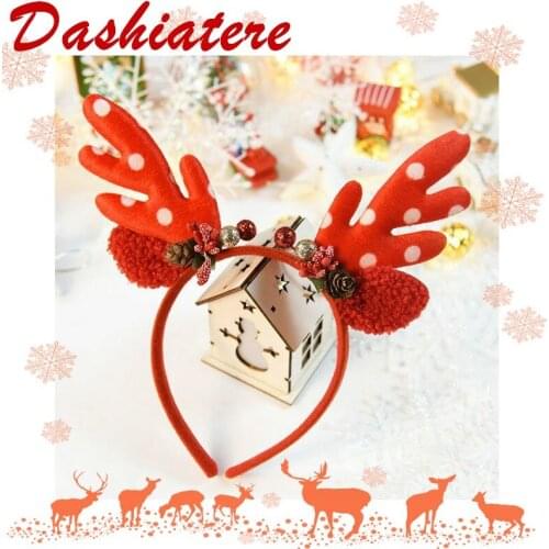 Red Ears Reindeer Hairband Christmas Headband Woman Polka Dot Deer Horn Headdress Birthday Party Festival Accessories Children