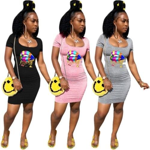 Sexy Woman Mini Dress Pleated Backless Skinny Summer Outfit Printed with Sexy Colorful Big Lip Women Sundress Short Sleeve Dress