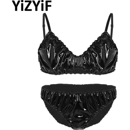 Sexy Mens Sissy Bikini Set Wetlook Faux Leather Ruffled Lingerie Set Adjustable Spaghetti Strap Bra Top with Briefs Underwear