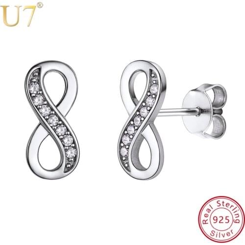 U7 925 Sterling Silver Shiny Cubic Zirconia Infinity Lucky Number Figure Eight Stud Earrings Love Symbol For Women Lady SC238