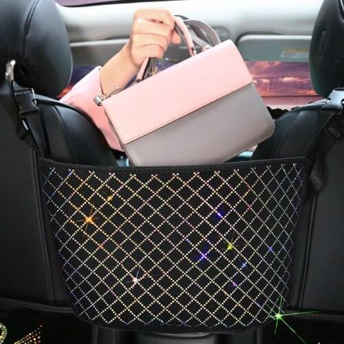 Bling Diamond Car Handbag Holder Rhinestone Seat Back Organizer Large Capacity Bag Automotive Storage Pocket Seat Crevice Net