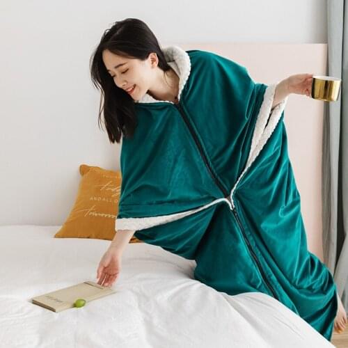 Thickened warm winter blanket coral fleece Zipper cloak blanket blanket for nap sofa lazy office flannel blanket