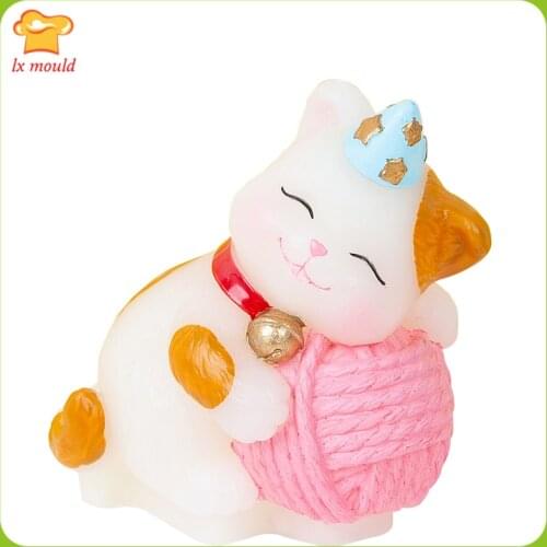 DIY aromatherapy wax gypsum expansion stone mould holding ball cat soap molds bell cute kitten silicone mold