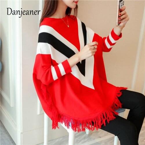 Danjeaner Autumn Winter Large Size Striped Knitting Pullovers Fashion Korean Thick Jacket Bat Cloak Shawl Tassel Sweater