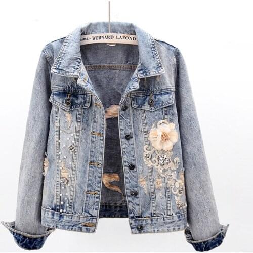 Spring Autumn Womens Denim Jacket Korean Diamond Flower Long-sleeved Vintage Hole Jeans Outerwear Female Tops Short Jacket Coat