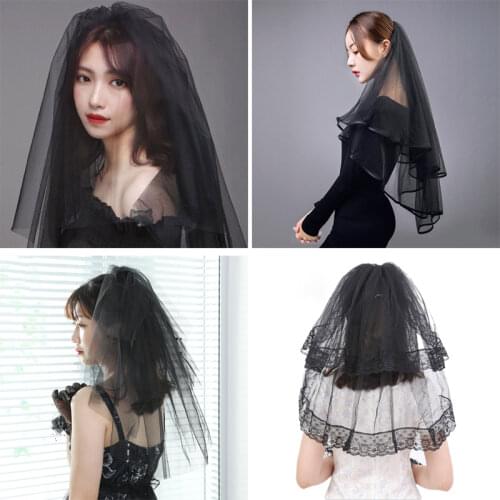 Womens Layered Black Tulle Short Wedding Veil with Comb Halloween Cosplay Party