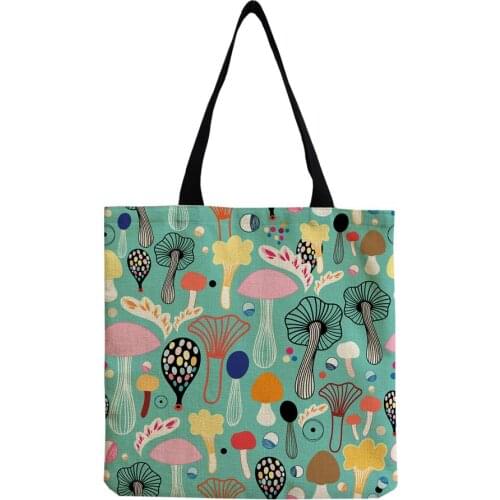 Cartoon Mushroom Print Female Shopping Bags 2020 Hot Sale Fashion Bright Colors Daily Linen Handbag Chic Practical Shoulder Bag