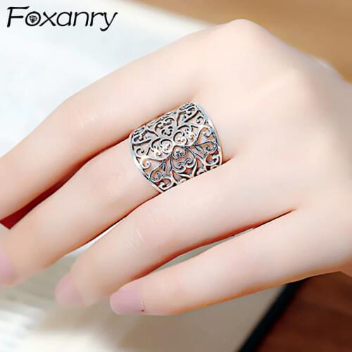 Foxanry 925 Sterling Silver Width Rings for Women Creative Vintage Handmade Hollow Flowers Thai Silver Birthday Party Jewelry