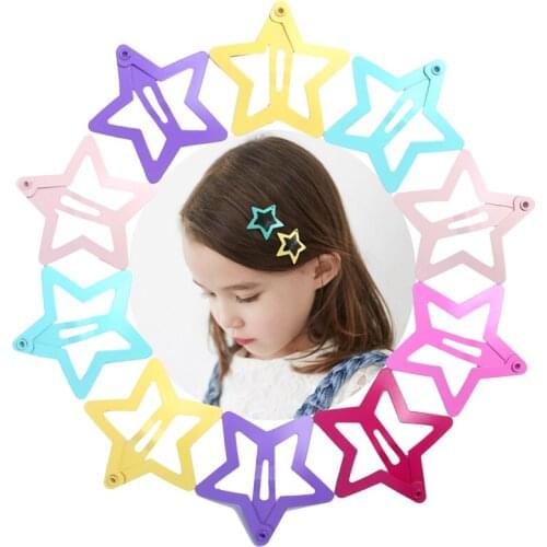 12pcs Snap Hair Clips for Baby Girls Children Hair Styling Tools Cute Star Clip Pins Hairdressing Hairpins Color Metal Barrettes