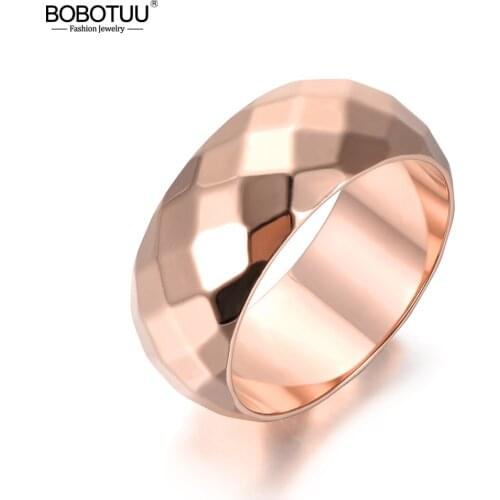 BOBOTUU New Simple Stainless Steel Ring 8mm Cut Face Fashion Wide Ring Wedding Engagement Rings Jewelry For Women BR17030