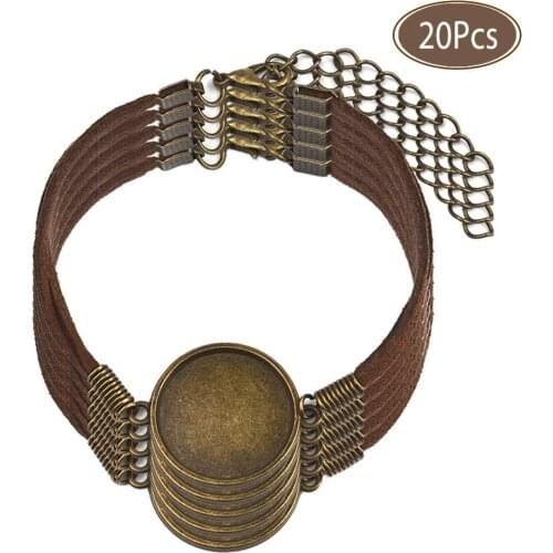 20Pcs/Lot Semi Finished Leather Bracelet with Blank Connector Setting 20mm Flat Round Cabochon Base Jewelry Making DIY Component
