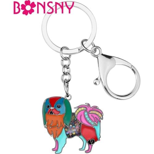 Bonsny Enamel Alloy Japanese Chin Dog Key chains Animal Key Ring Bag Car Purse Decoration Keychains For Women Girl Men Accessory