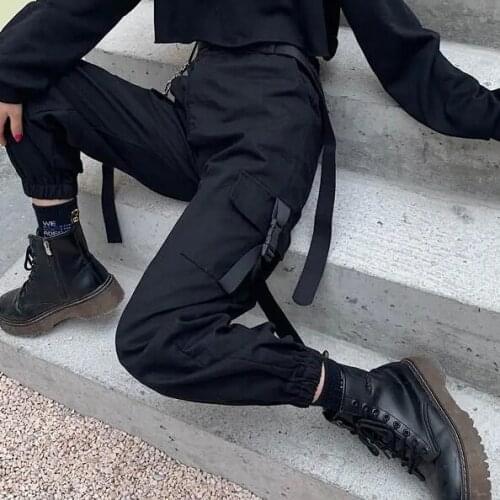 Fashion Women Self Belted Elastic Waist Cargo Pants Female Loose Streetwear Pants Casual Plus Size Korean Style Trousers