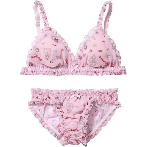 Super Cute Womens Comfortable Chiffon Ruffles Trim Pink Bra & Panties Set Japanese Bikini Inner Wear Intimates PINK Lolita