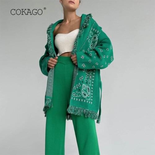 COKAGO y2k Scarf Collar Cardigan Sweaters Woman Full Sleeve Tassel Ladies Sweater oversize cardigan Sashes Female coat winter