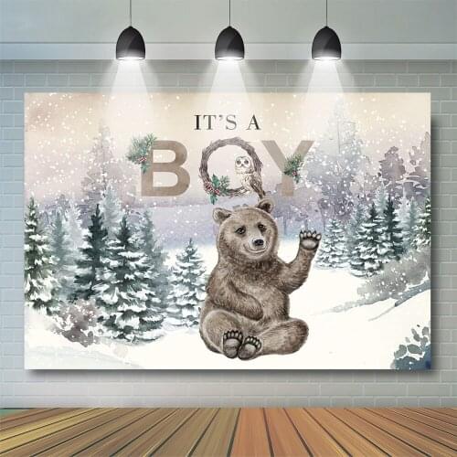 Baby Shower Backdrop It Is A Boy Props Winter Bear Forest Kids Party Banner Child Photo Mountains Decoration Photostudio Props